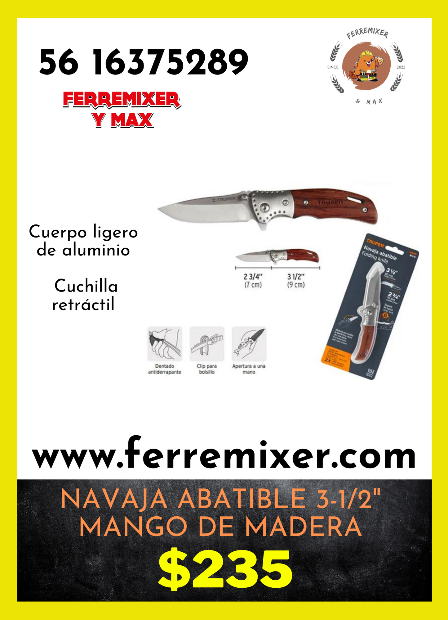 NAVAJA ABATIBLE 3 1/2" CON MANGO DE MADERA