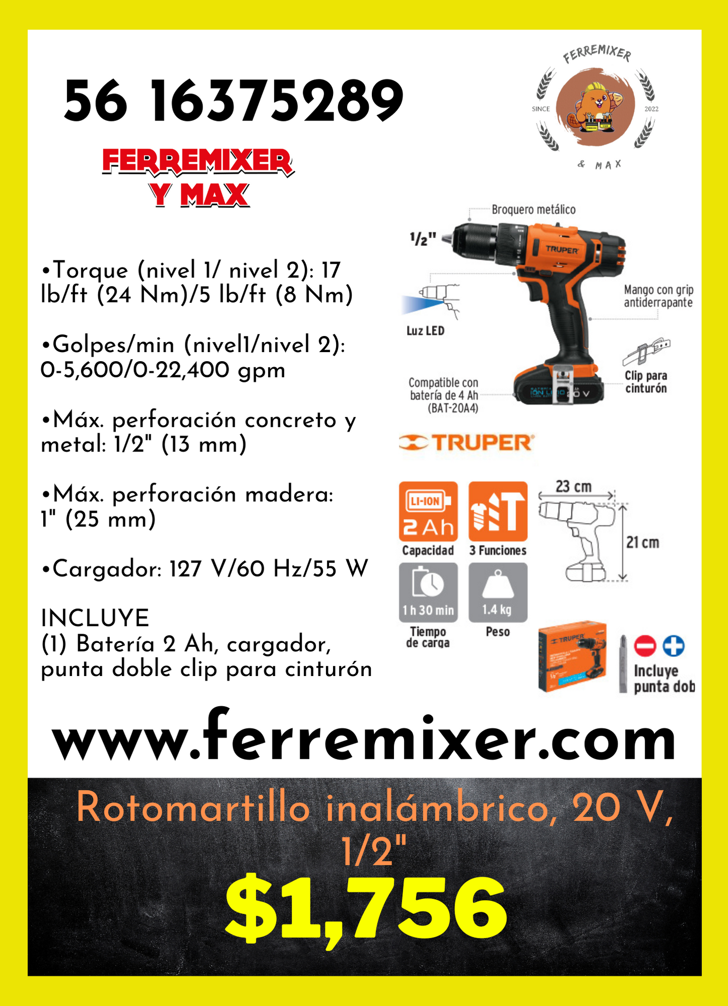 Rotomartillo inalámbrico, 20 V, 1/2" TRUPER
