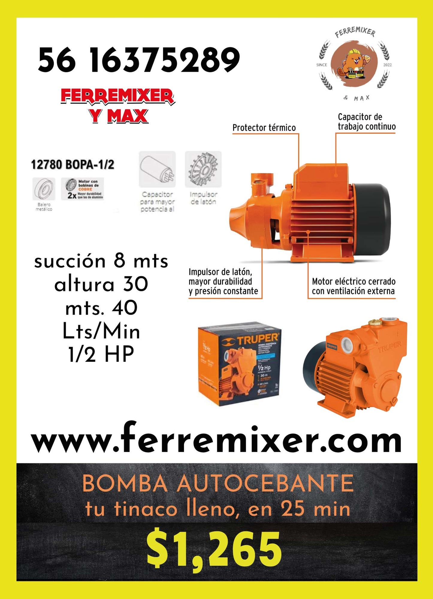 Bomba autocebante 1/2 HP Truper 12780 tiempo de entrega: 2 días hábiles