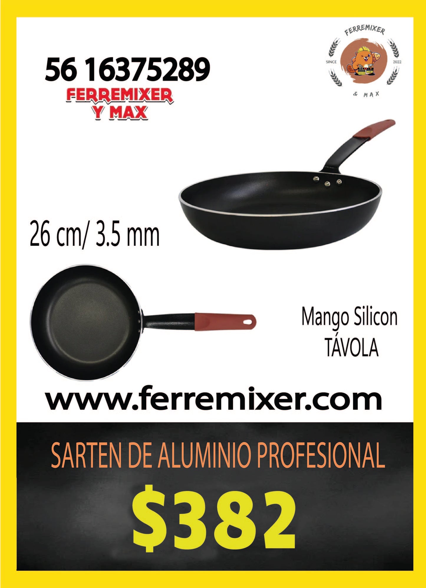 COCINA SARTEN DE ALUMINIO PROFESIONAL 26 CM /3.5 mm CON MANGO SILICÓN