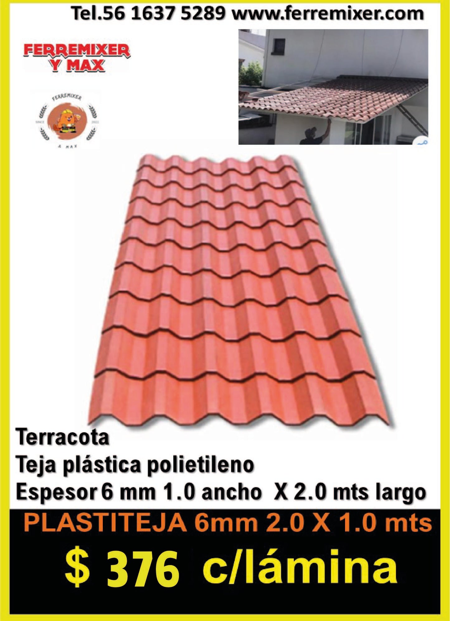 TEJA PLASTITEJA TERRACOTA 1.00 X 2.00 MTS