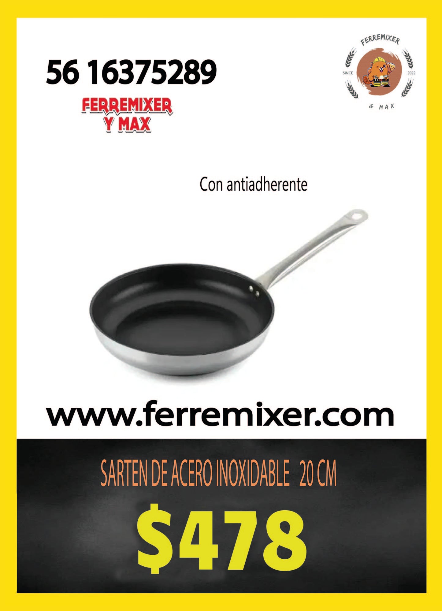 COCINA SARTEN DE ACERO INOXIDABLE CON ANTIADHERENTE 20 cm