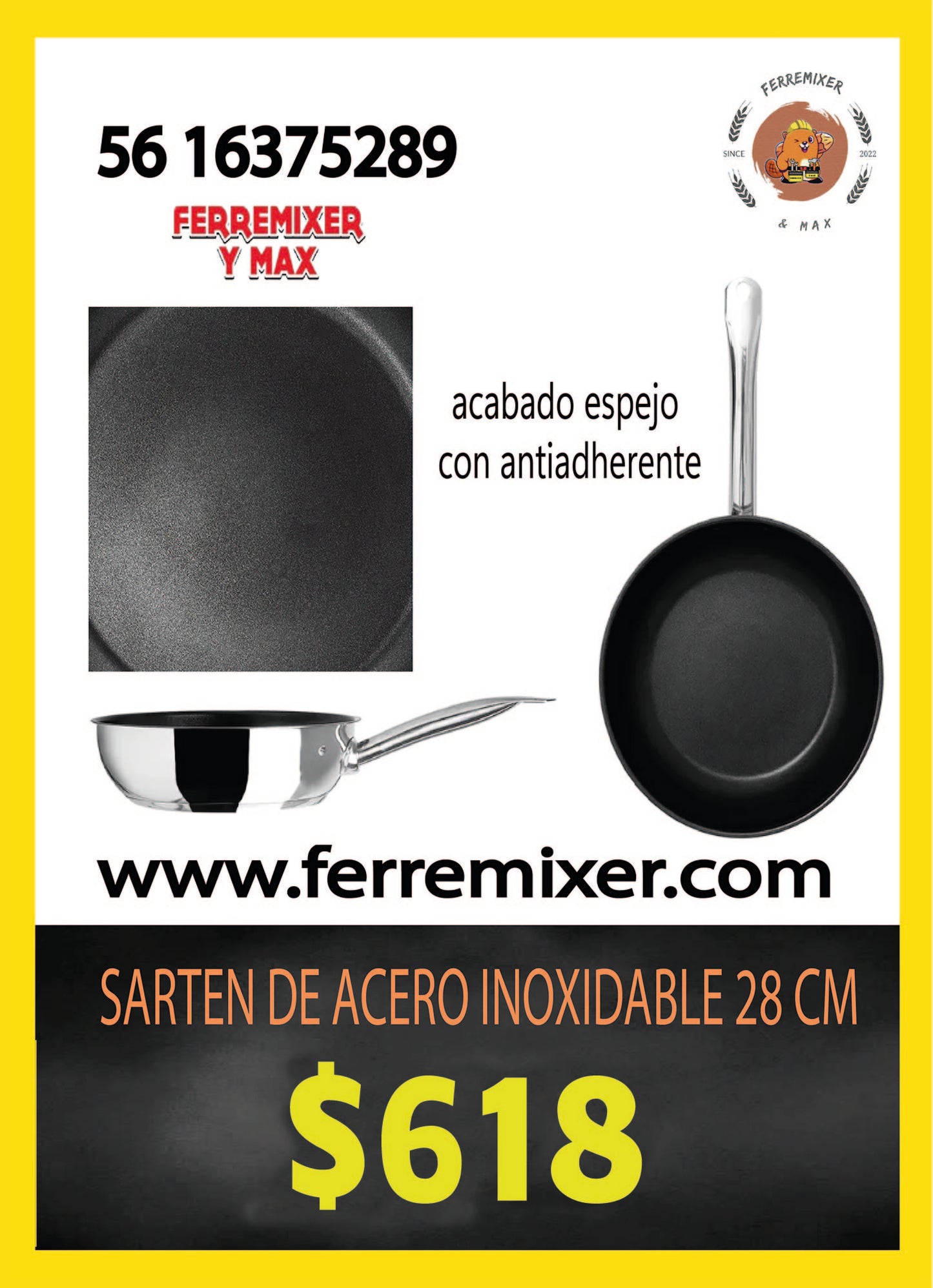 COCINA SARTEN DE ACERO INOXIDABLE 28 cm
