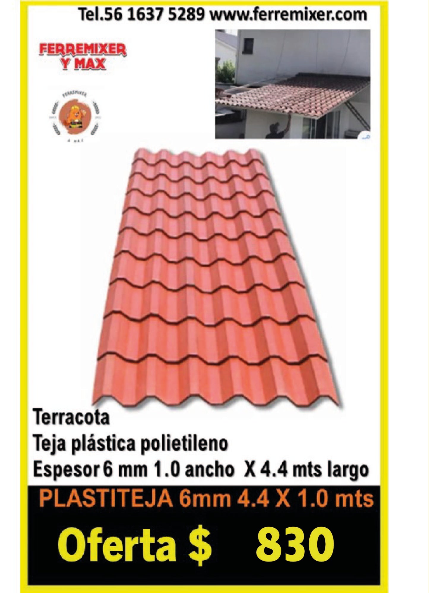TEJA PLASTITEJA TERRACOTA 6mm 1.00 X 4.40 MTS
