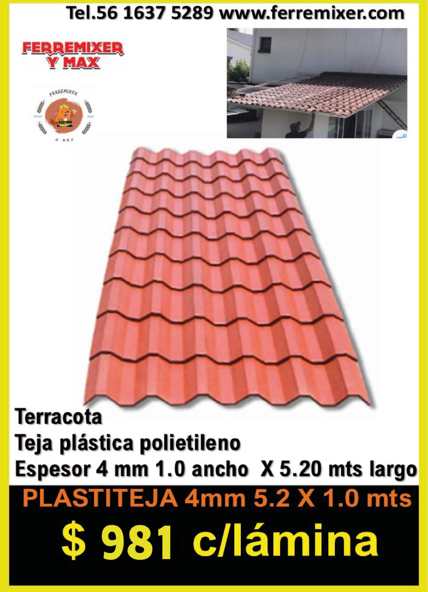 TEJA PLASTITEJA TERRACOTA 1.00 x 5.20 mts
