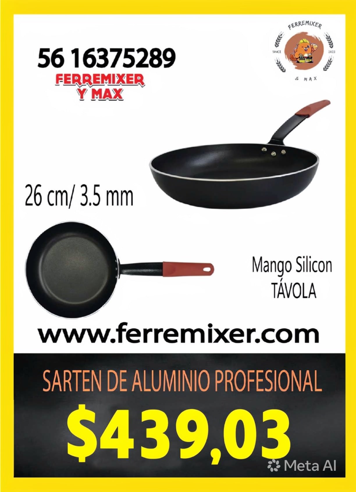 COCINA SARTEN DE ALUMINIO PROFESIONAL 26 CM /3.5 mm CON MANGO SILICÓN
