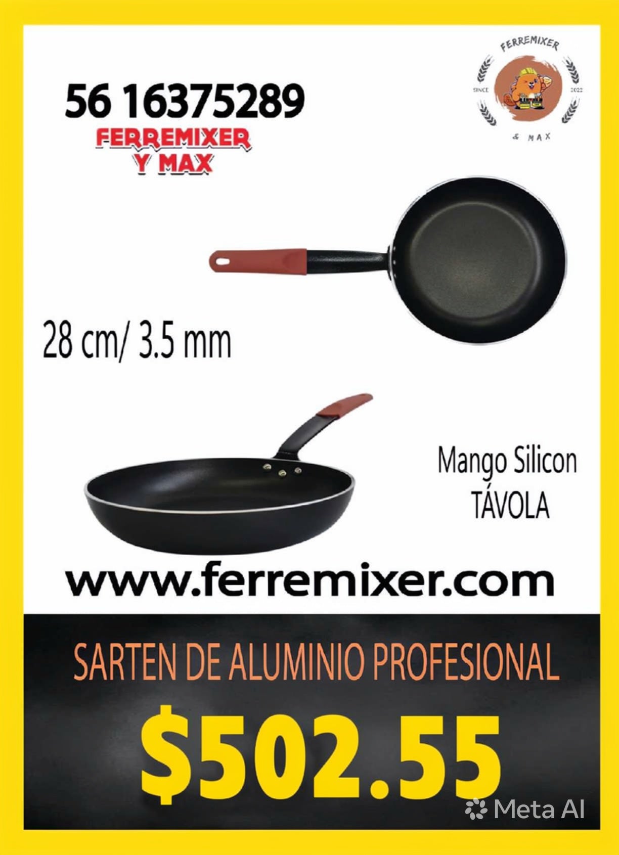 COCINA SARTEN DE ALUMINIO PROFESIONAL 28 CM 3.5 mm CON MANGO SILICÓN