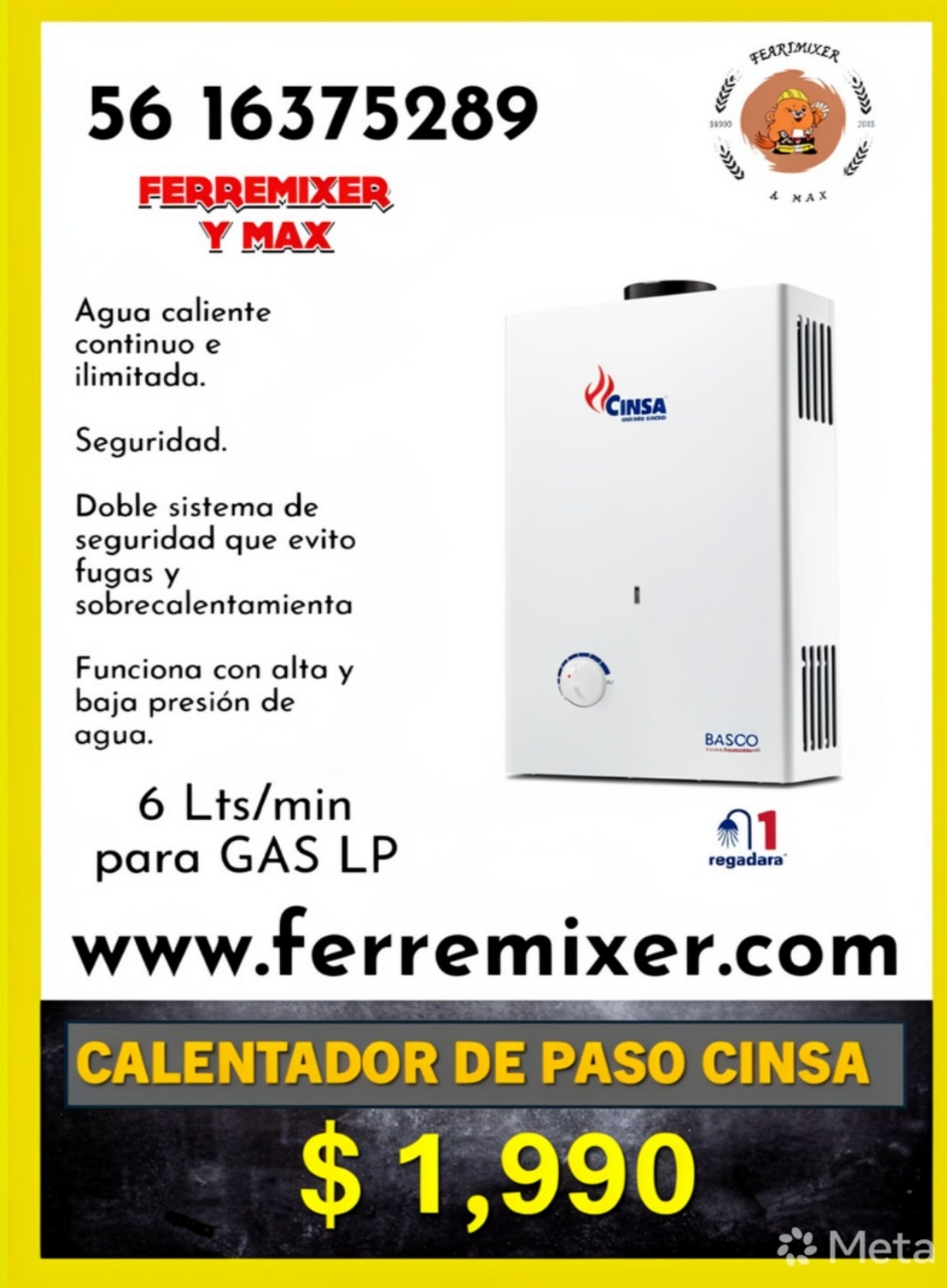 GAS, calentador de paso 6 Lts por mínuto CINSA | Tiempo de entrega: 2 días hábil
