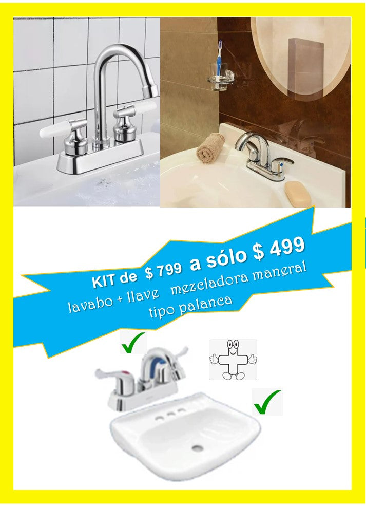 KIT LAVABO Y LLAVE MEZCLADORA MANERAL TIPO PALANCA