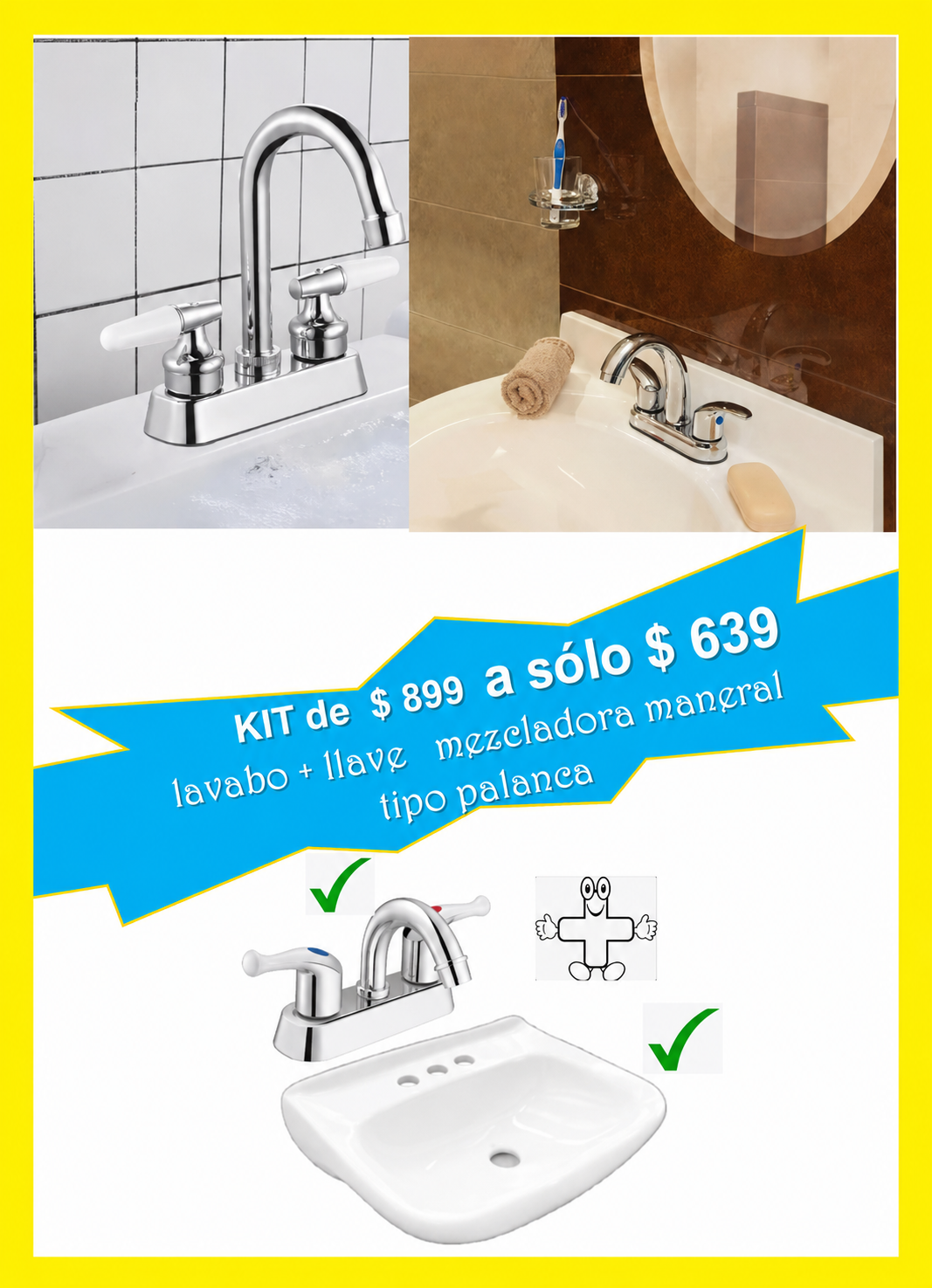 KIT LAVABO Y LLAVE MEZCLADORA MANERAL TIPO PALANCA