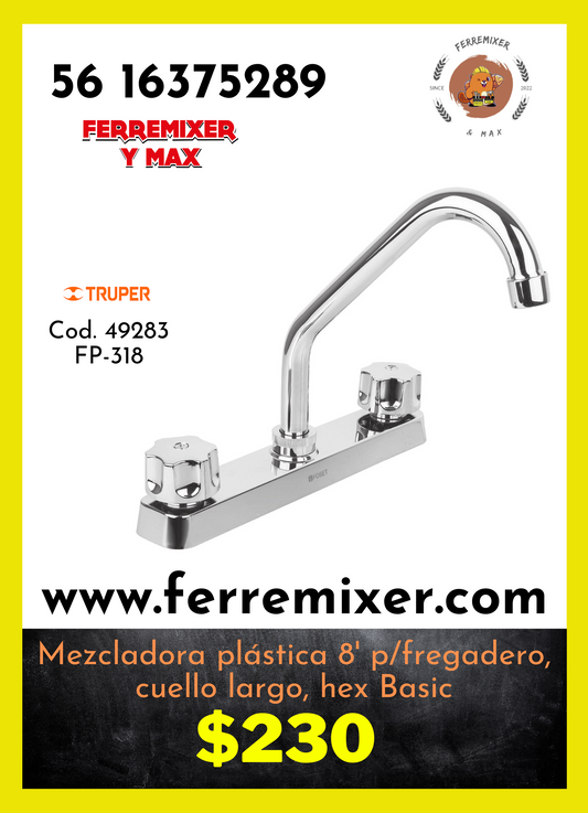 Mezcladora plástica 8' p/fregadero, cuello largo, hex Basic