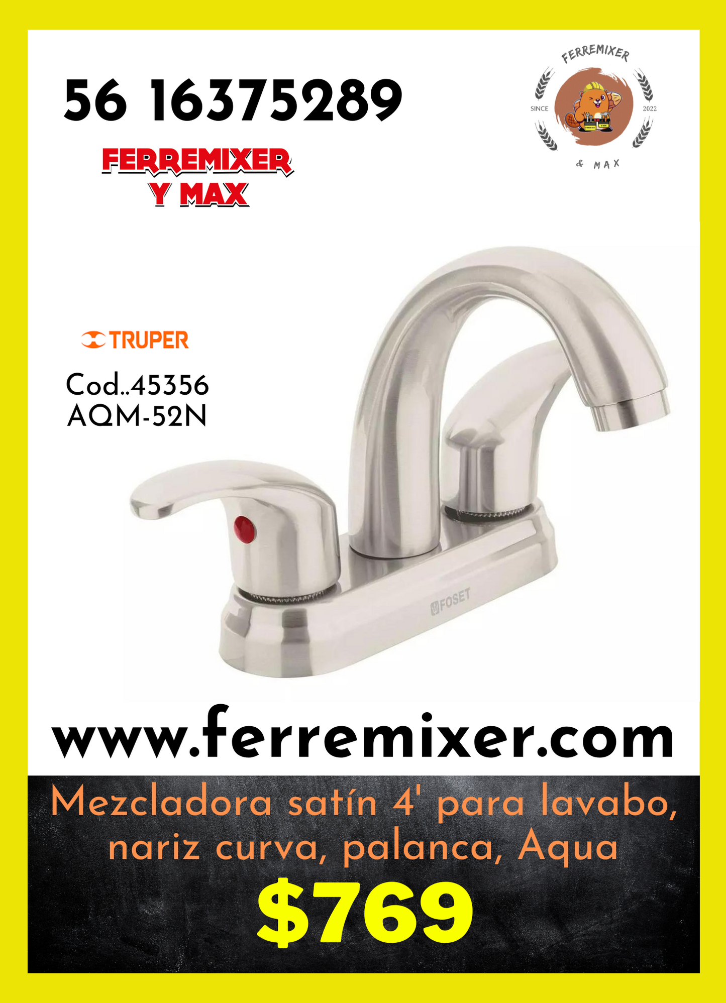 Mezcladora satín 4' para lavabo, nariz curva, palanca, Aqua