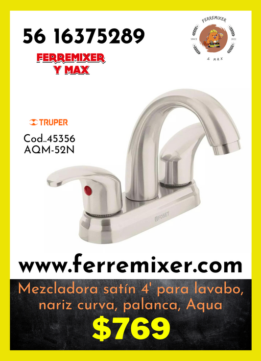 Mezcladora satín 4' para lavabo, nariz curva, palanca, Aqua