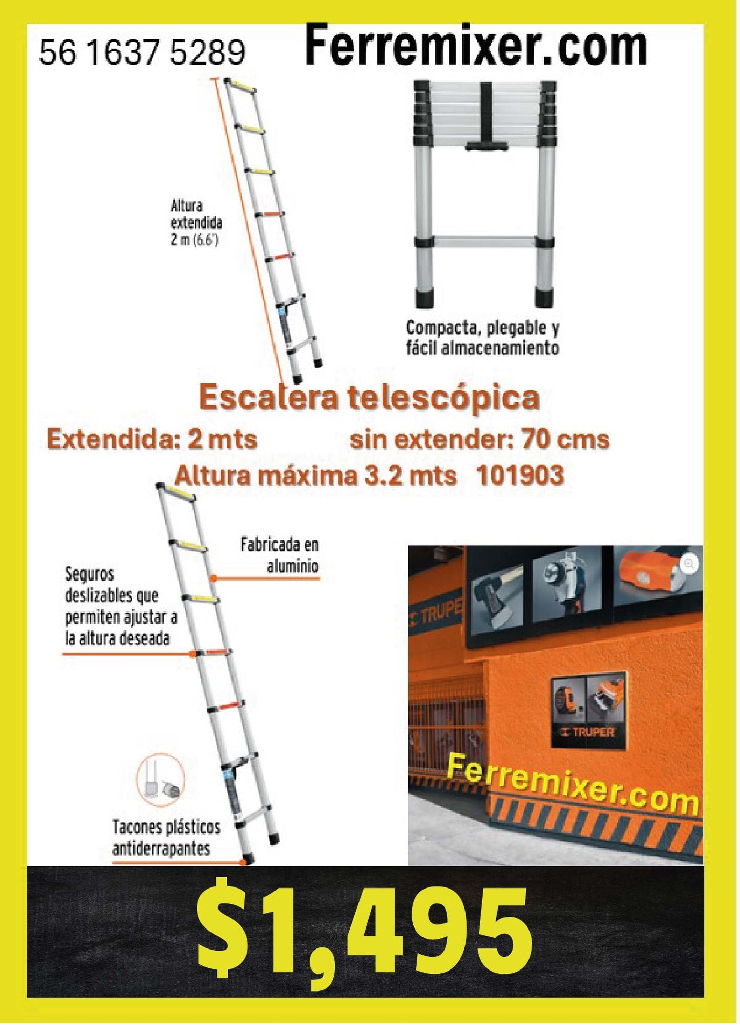 ESCALERA TELESCÓPICA 3.2 mts Máximo Alcance