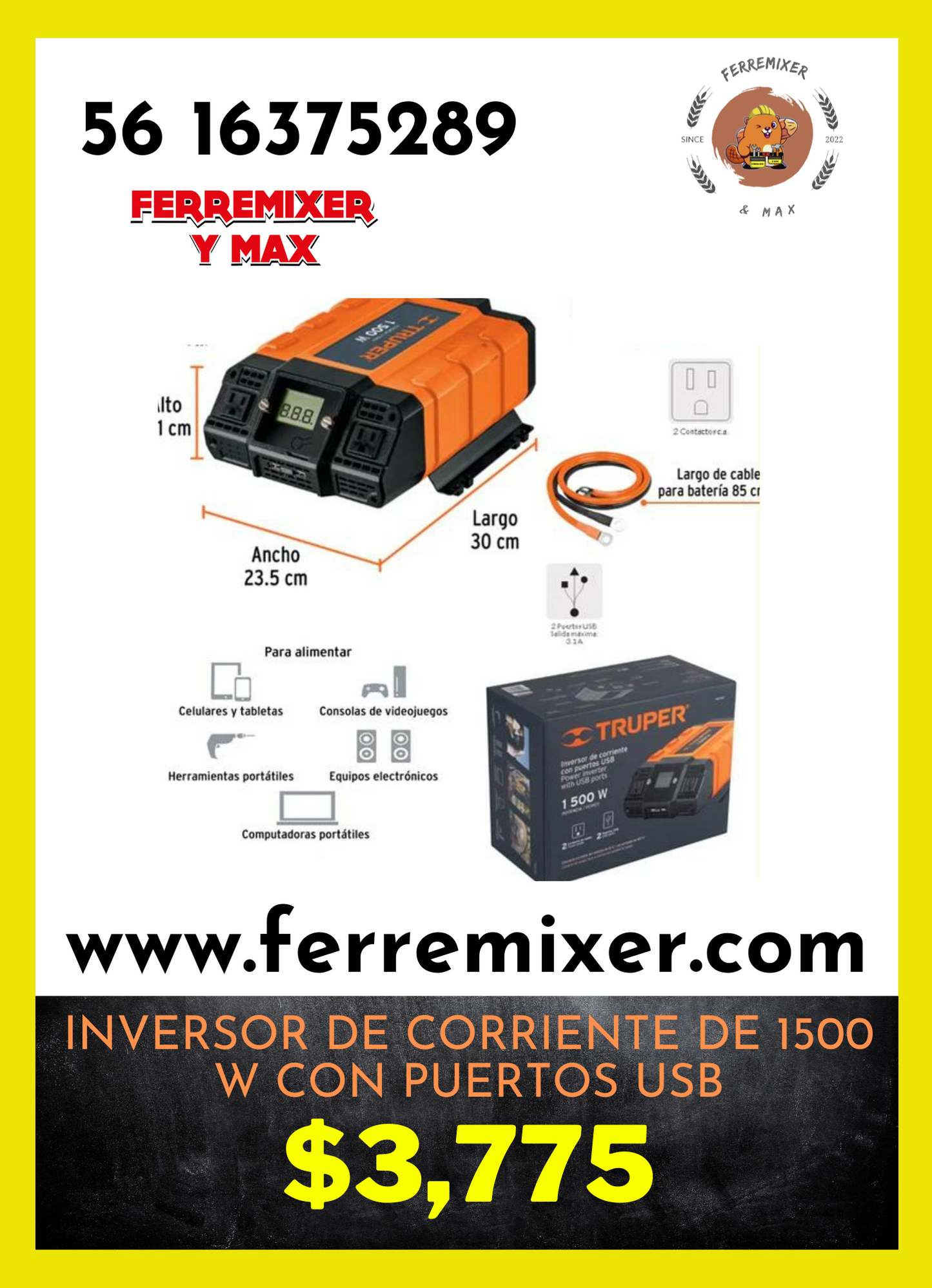 INVERSOR CONVIERTE CORRIENTE VEHÍCULO 12v a 120v CA CON 2 PUERTOS USB