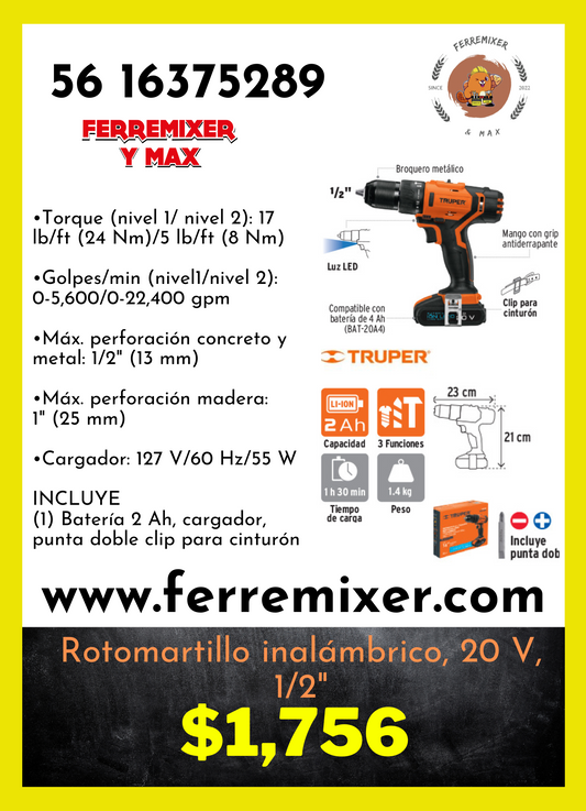 Rotomartillo inalámbrico, 20 V, 1/2" TRUPER