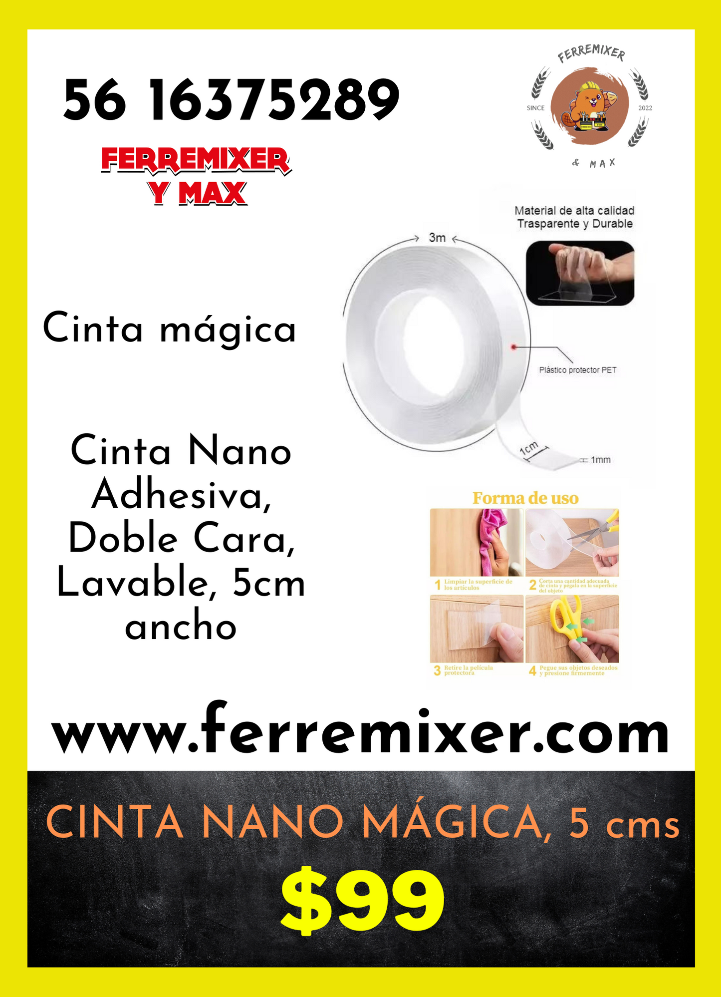 CINTA NANO MÁGICA REUTILIZABLE 5 cms ancho