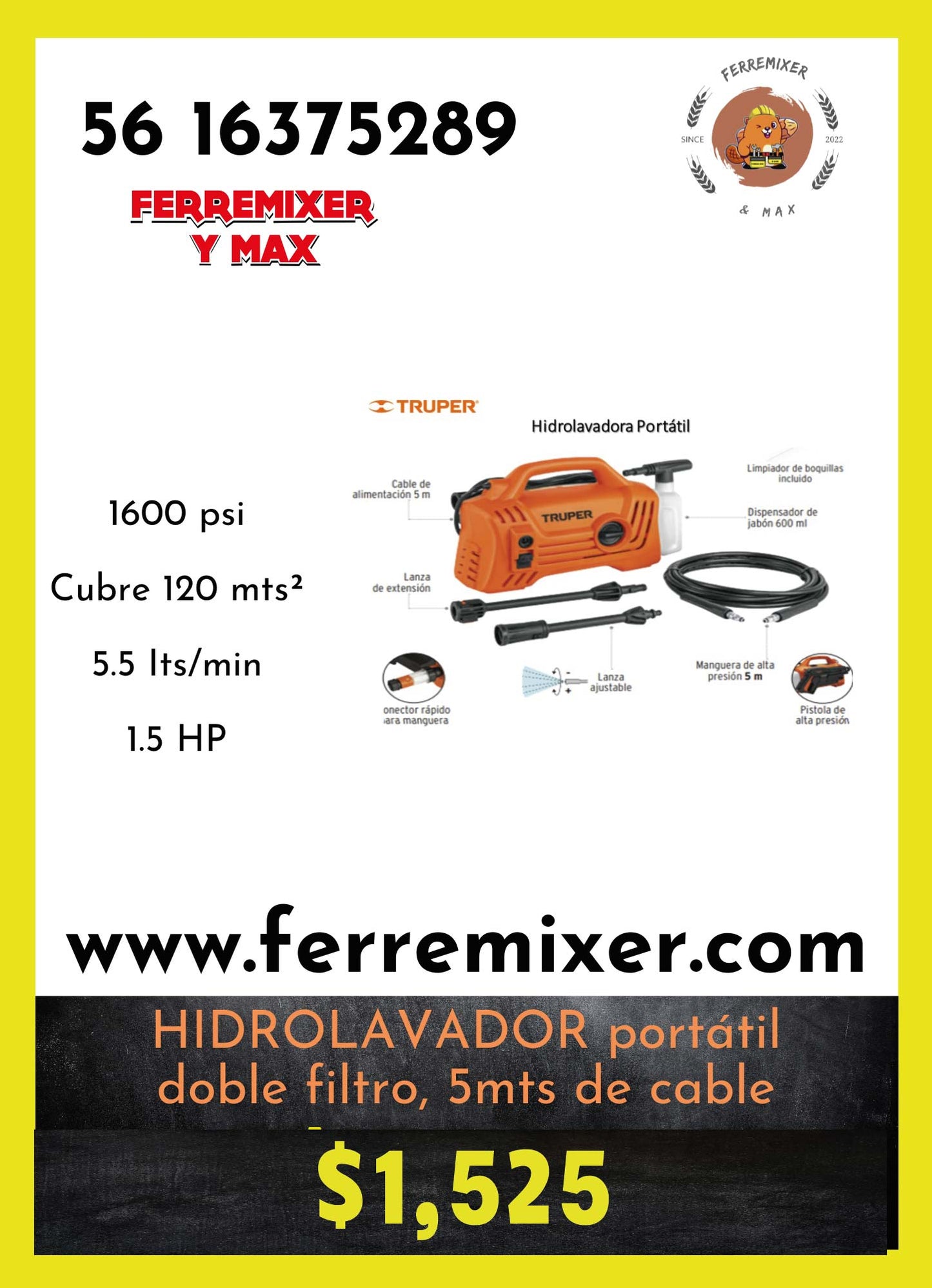 Excelente HIDROLAVADORA, 5 mts Cable, diseño ligero y portátil  | Tiempo de entrega: 1 día hábil