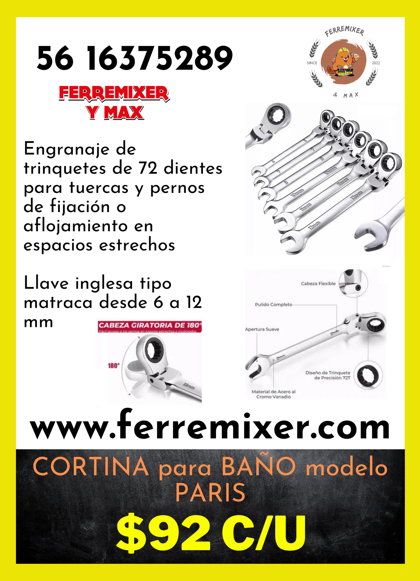 Llave Inglesa combinada tipo Matraca de 6mm a 12 mm trinquetes de 72 dientes para    tuercas y pernos de fijación o aflojamiento