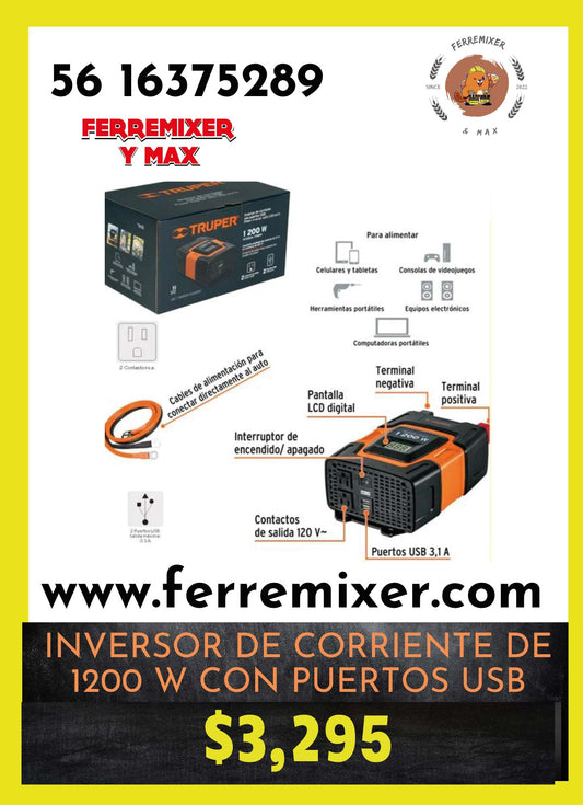 INVERSOR CONVIERTE CORRIENTE VEHÍCULO 12v a 120v CA 1200w