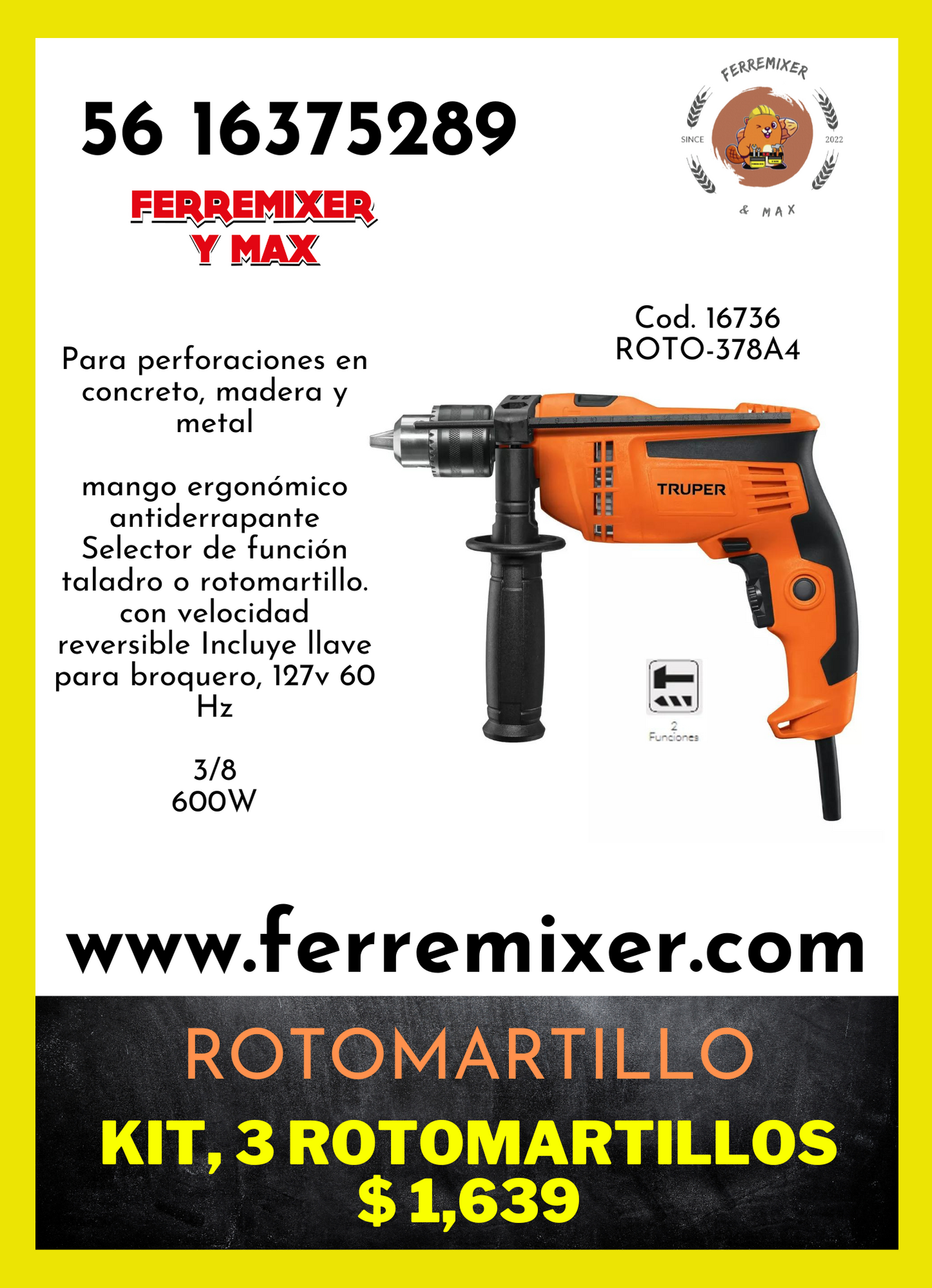 Rotomartillo 600w 3/8” reversible,con llave para broquero, mango ergonómico