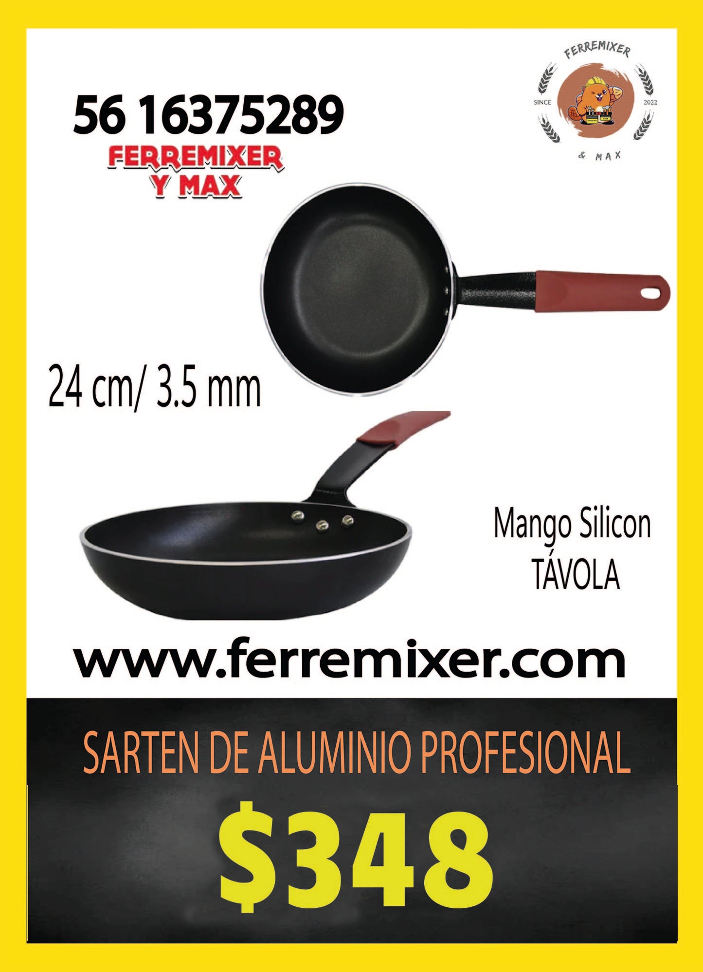 COCINA SARTEN DE ALUMINIO PROFESIONAL 24 CM 3.5 mm CON MANGO SILICÓN