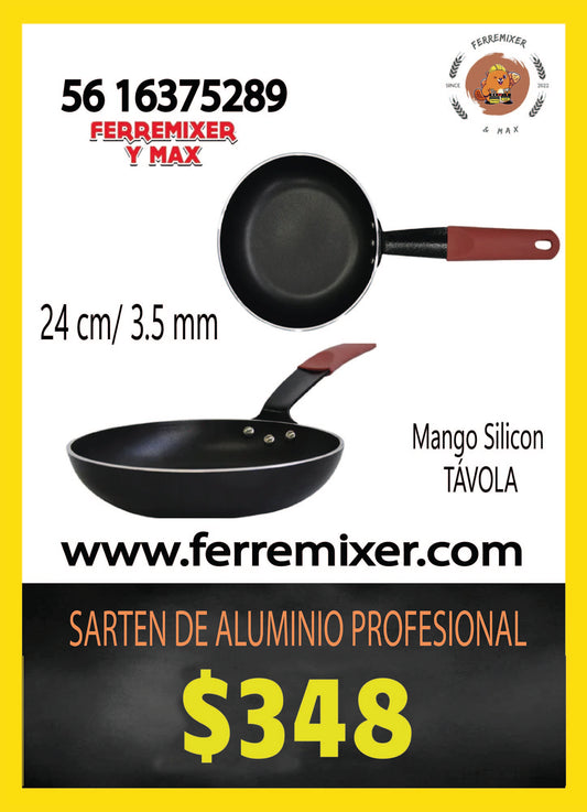 COCINA SARTEN DE ALUMINIO PROFESIONAL 24 CM 3.5 mm CON MANGO SILICÓN