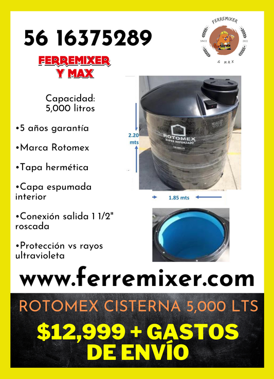 Cisterna Rotomex 5,000 lts garantía 5 años, conexión 1 1/2” con tapa hermética, forro azul interior