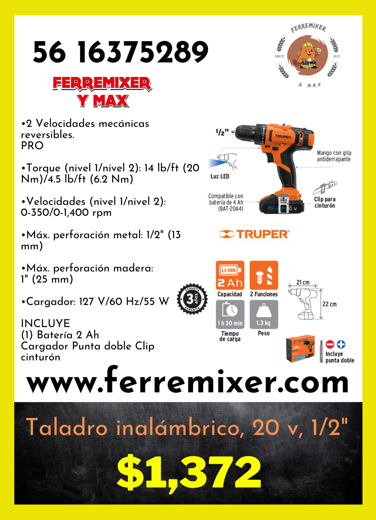 Taladro inalámbrico, 20 v, 1/2" TRUPER