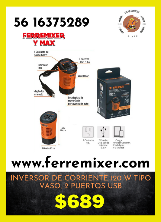 INVERSOR CONVIERTE CORRIENTE VEHÍCULO 12v a 120v CA CON ADAPTADOR 120w