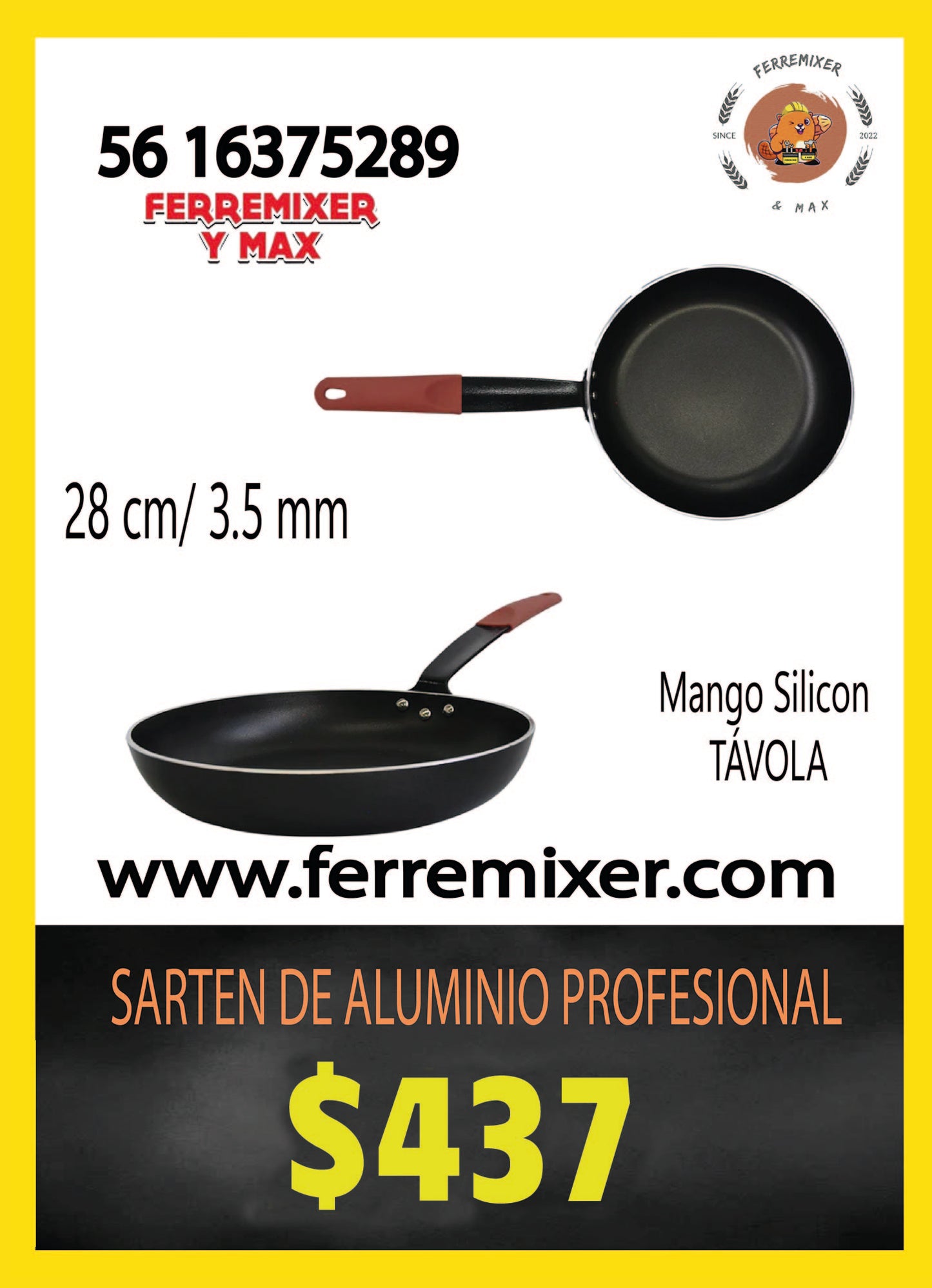 COCINA SARTEN DE ALUMINIO PROFESIONAL 28 CM 3.5 mm CON MANGO SILICÓN