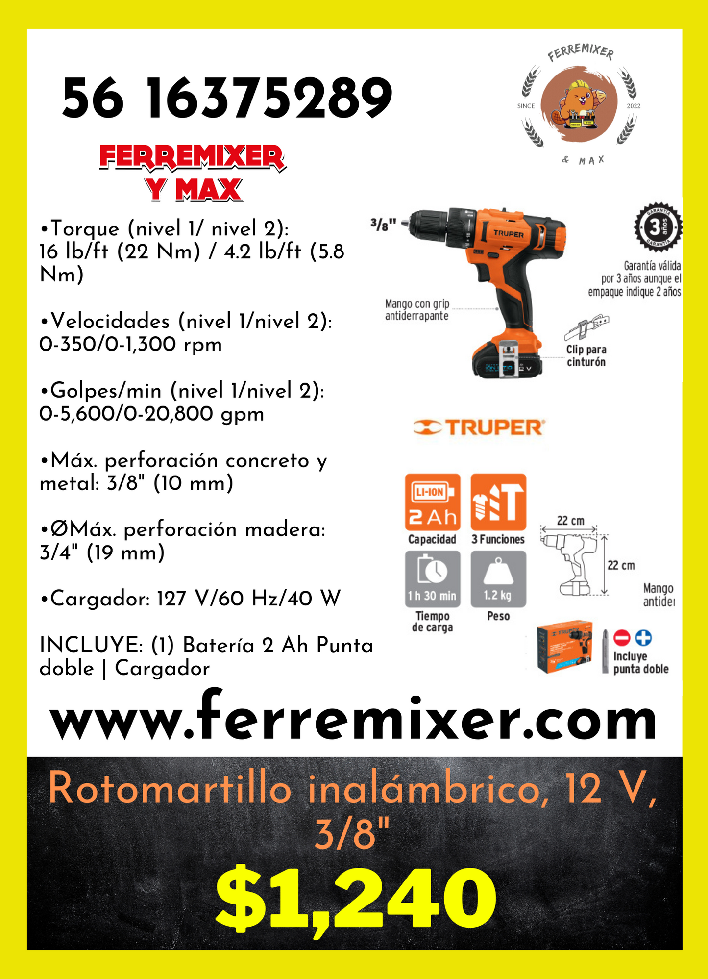 Rotomartillo inalámbrico, 12 V, 3/8" TRUPER