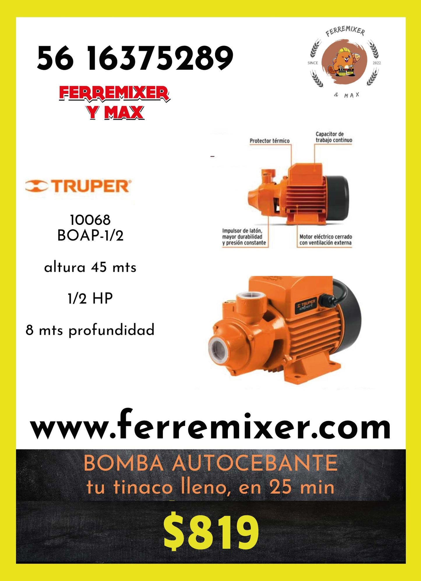 BOMBA periférica 1/2 HP 42 lts/min.   tiempo de entrega: 2 días hábiles
