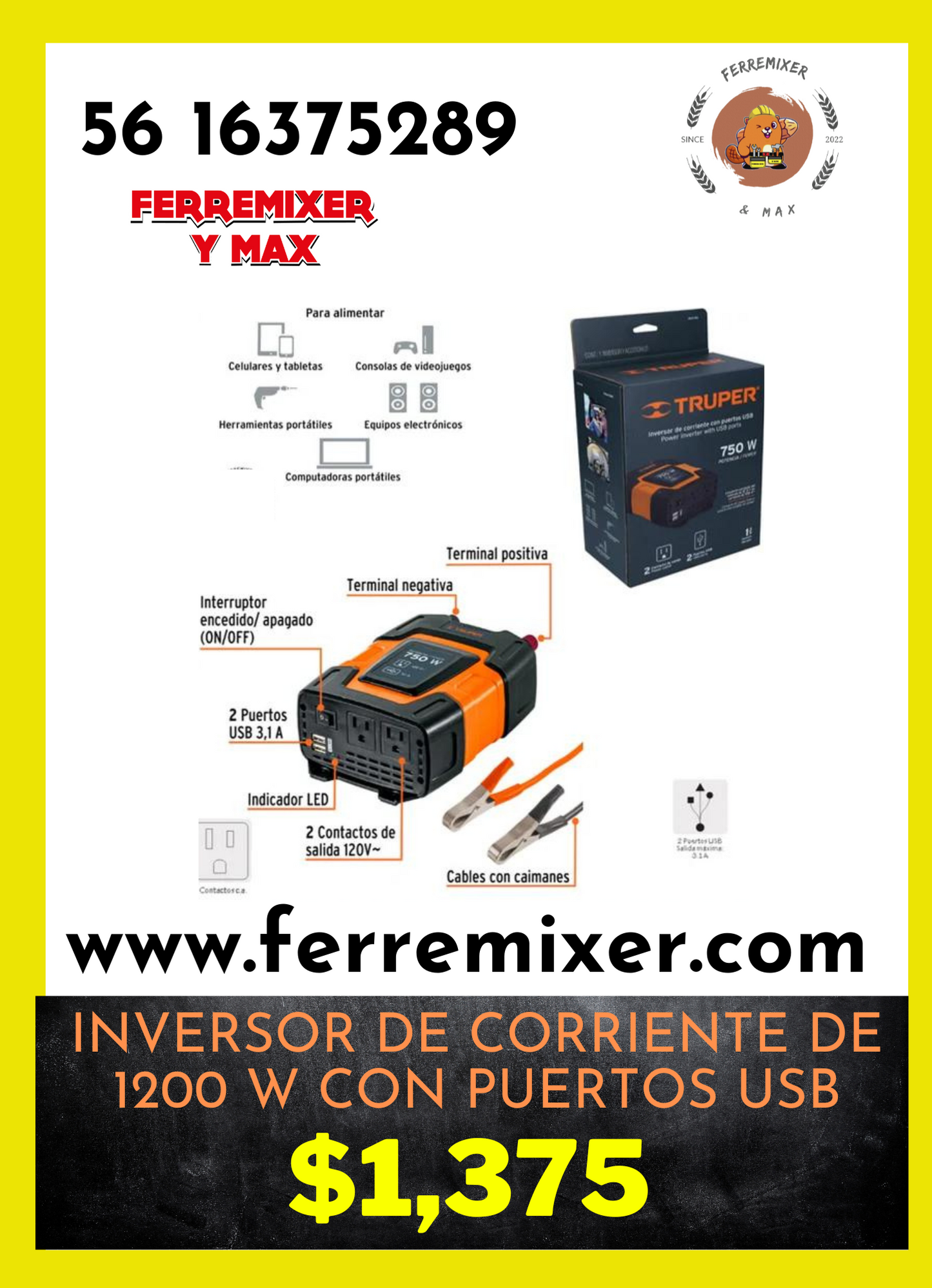 INVERSOR CONVIERTE CORRIENTE VEHÍCULO 12v a 120v CA 750w