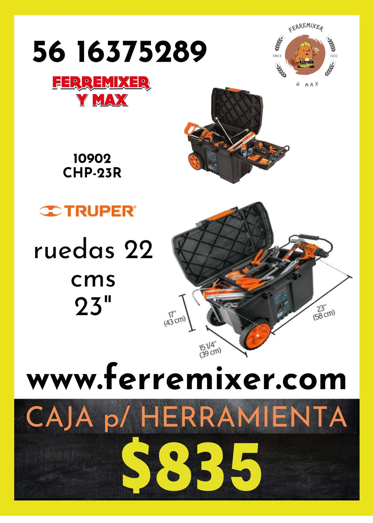 CAJA PARA HERRAMIENTA capacidad 15 gal,  57 lts soporta 40 kgs, ruedas de 19 cms uso rudo, charola con 2 posiciones       tiempo de entrega: 2 días hábiles