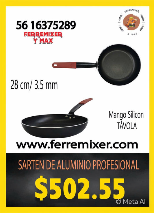COCINA SARTEN DE ALUMINIO PROFESIONAL 28 CM 3.5 mm CON MANGO SILICÓN