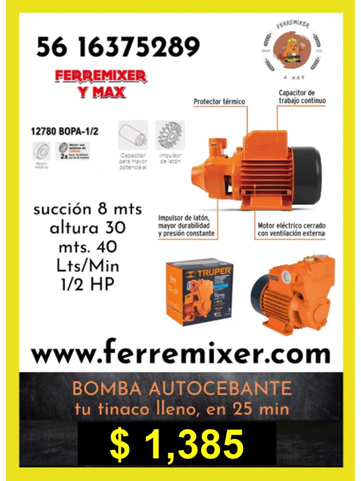 Bomba autocebante 1/2 HP Truper 12780   tiempo de entrega: 2 días hábiles