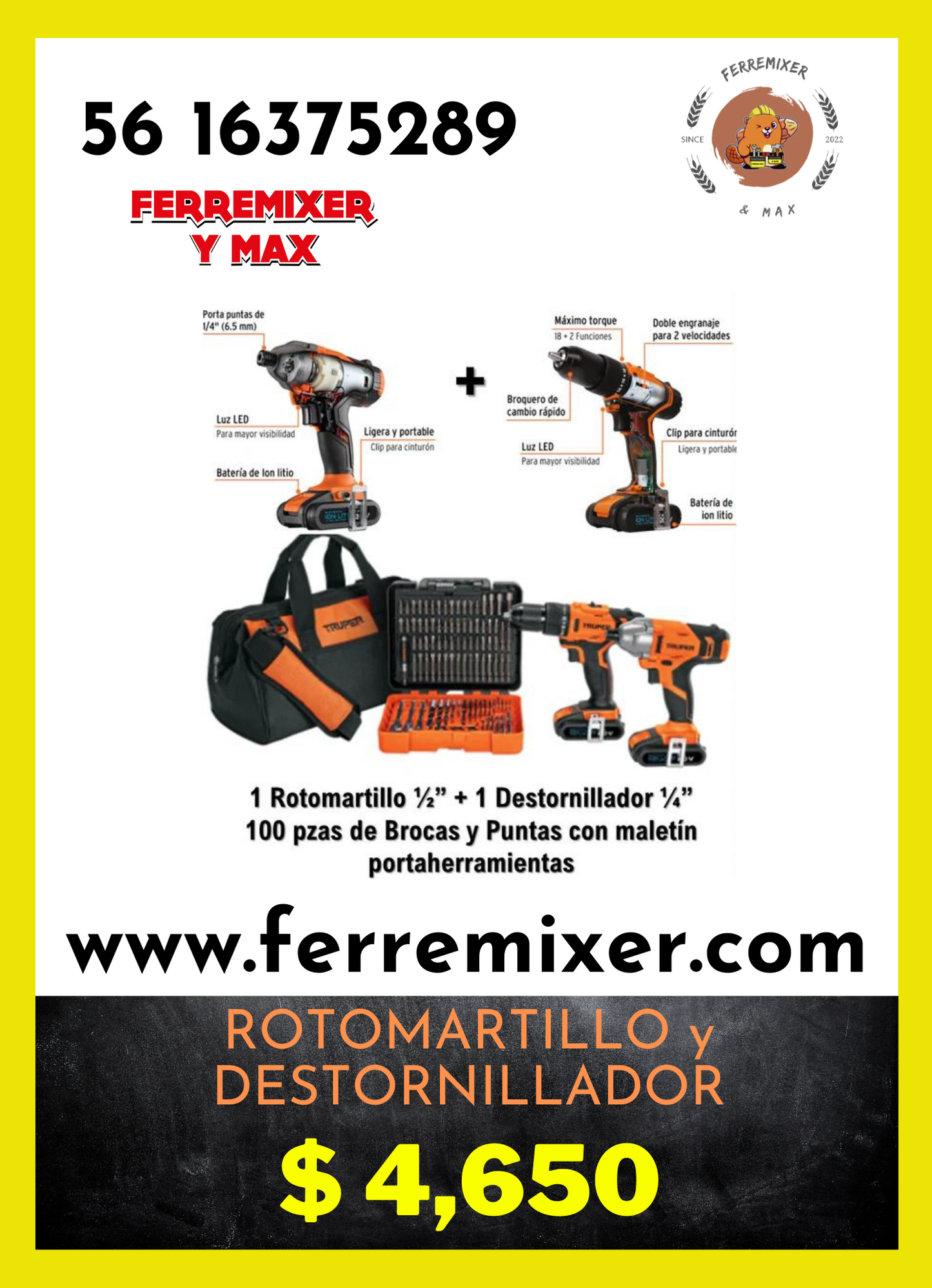 Rotomartillo y Destornillador Combo Profesional con 100 piezas de Brocas