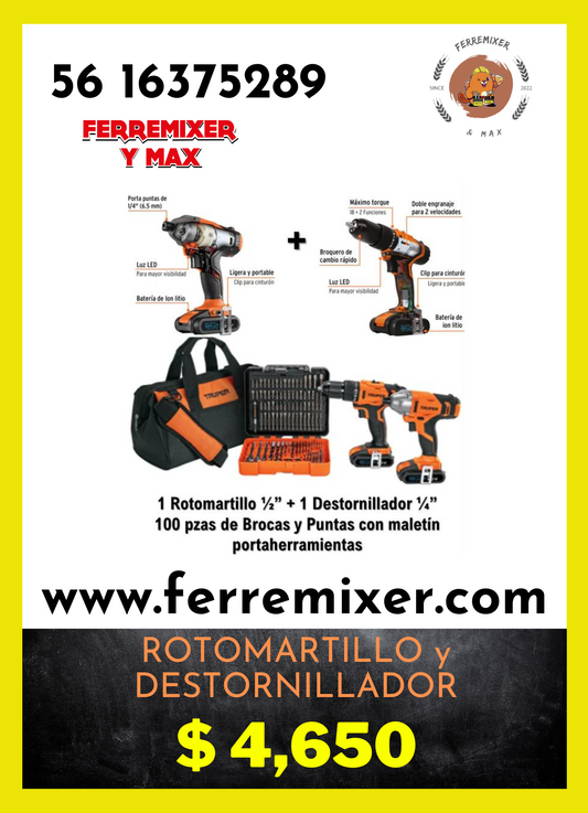 Rotomartillo y Destornillador Combo Profesional con 100 piezas de Brocas
