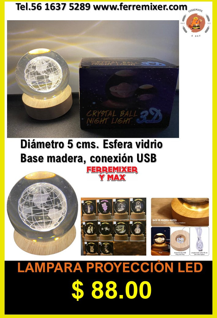 ILUMINA, ESFERA LED VIDRIO BASE MADERA, LUCES LED