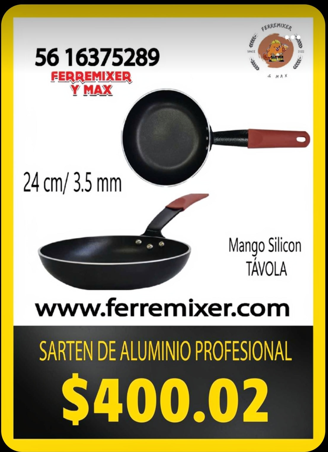 COCINA SARTEN DE ALUMINIO PROFESIONAL 24 CM 3.5 mm CON MANGO SILICÓN