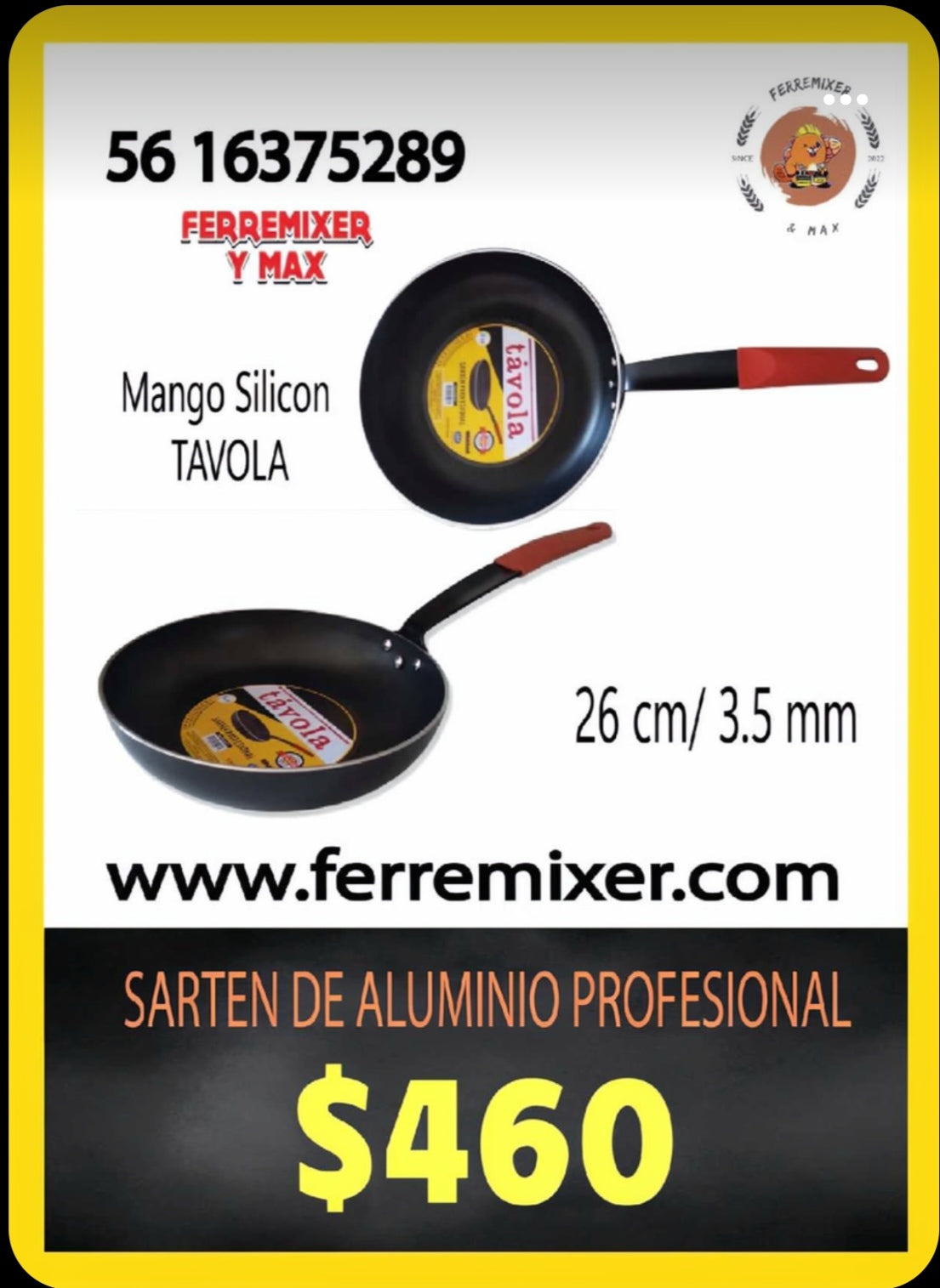 COCINA SARTEN DE ALUMINIO PROFESIONAL 26 CM /3.5 mm MANGO