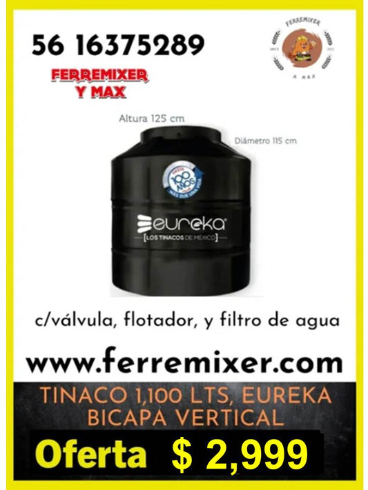 calidad en TINACO EUREKA BICAPA 1,100 LTS vertical   | Tiempo de entrega: 3 días hábiles
