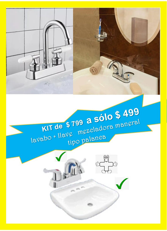 KIT LAVABO Y LLAVE MEZCLADORA MANERAL TIPO PALANCA